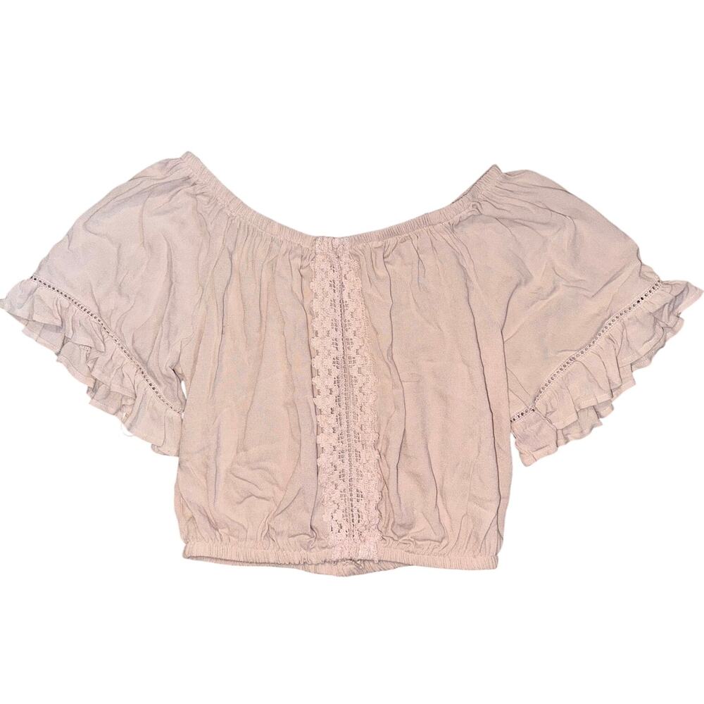 Ocean Drive womens boho lace cropped off light pink short sleeve shirt medium